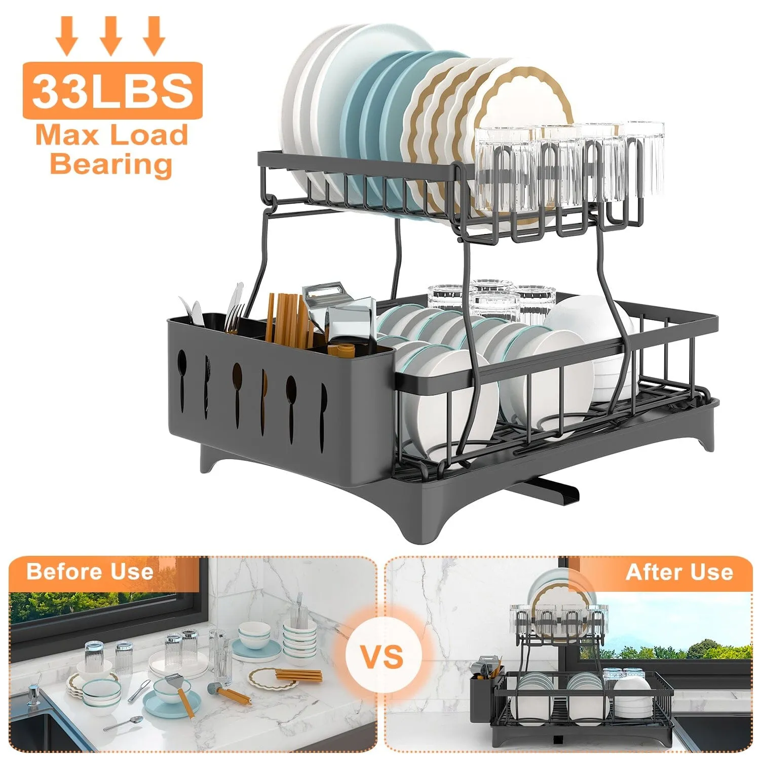 2-Tier Dish Rack Drainer Organizer Set with Utensil Cup Holder Rack Swivel Spout