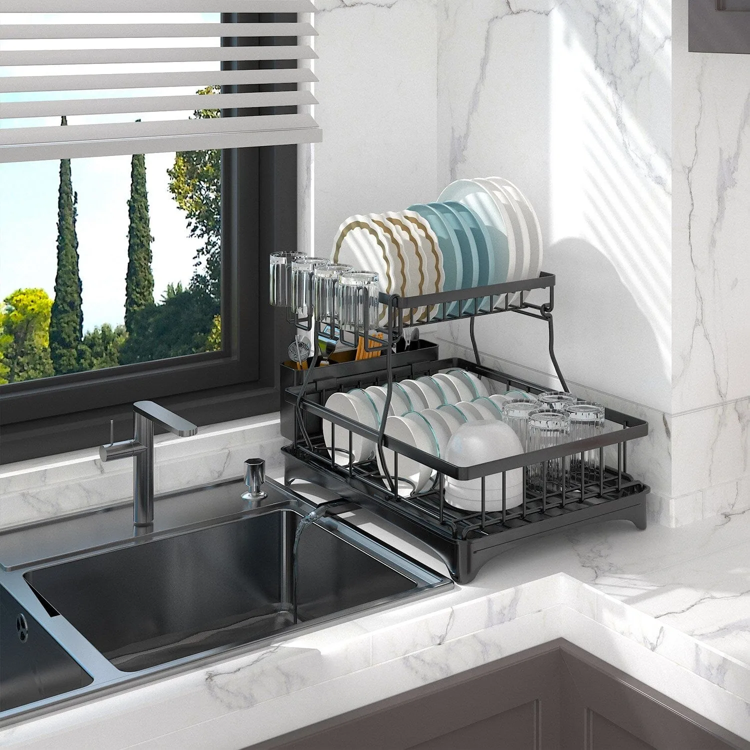 2-Tier Dish Rack Drainer Organizer Set with Utensil Cup Holder Rack Swivel Spout