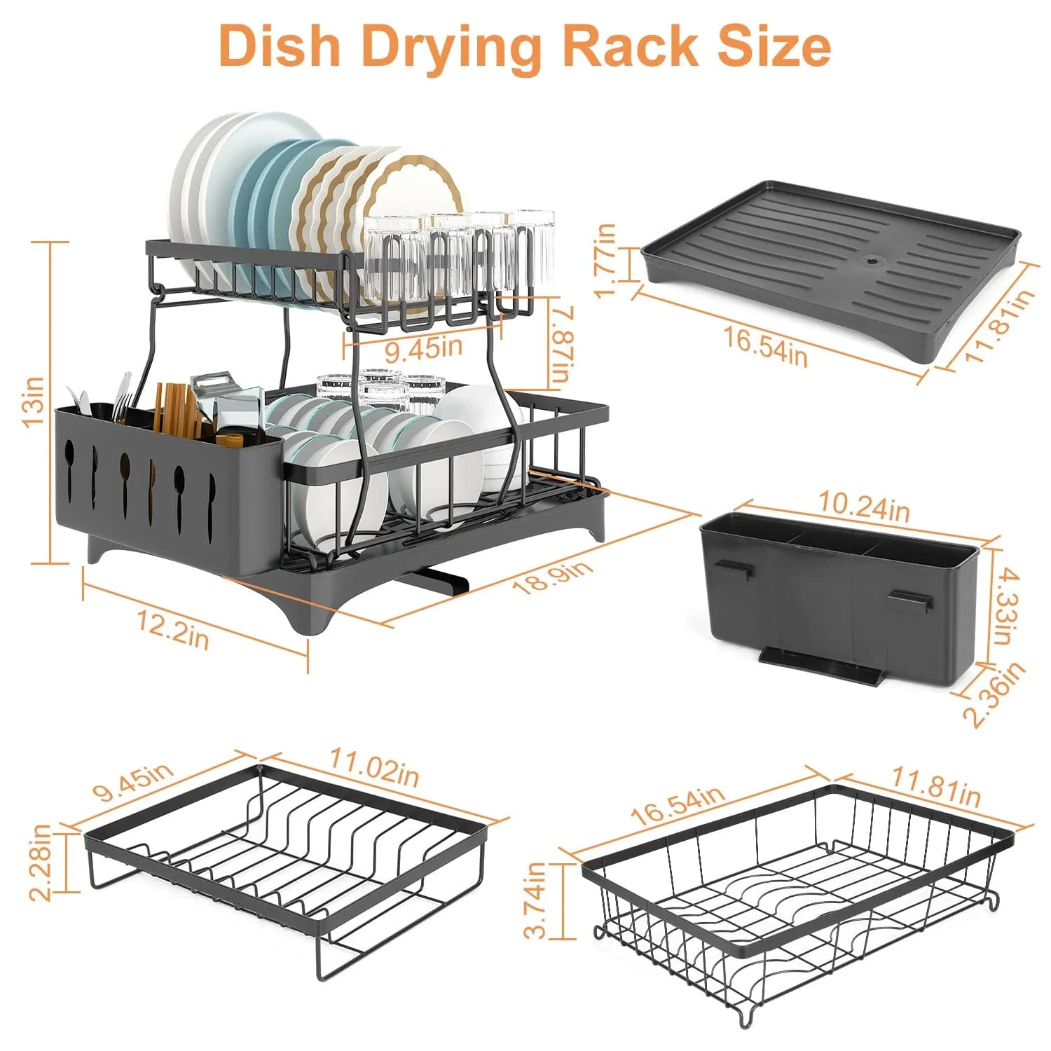 2-Tier Dish Rack Drainer Organizer Set with Utensil Cup Holder Rack Swivel Spout