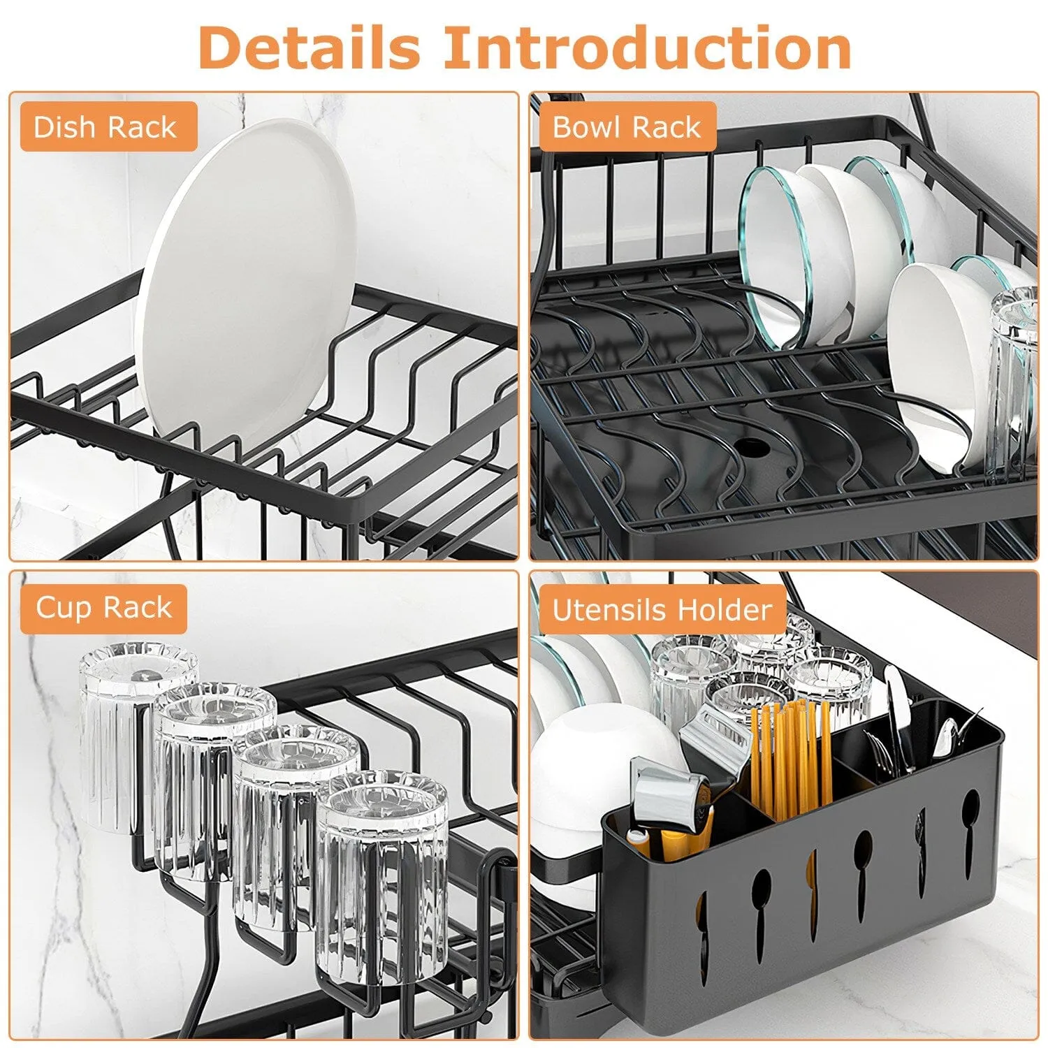 2-Tier Dish Rack Drainer Organizer Set with Utensil Cup Holder Rack Swivel Spout