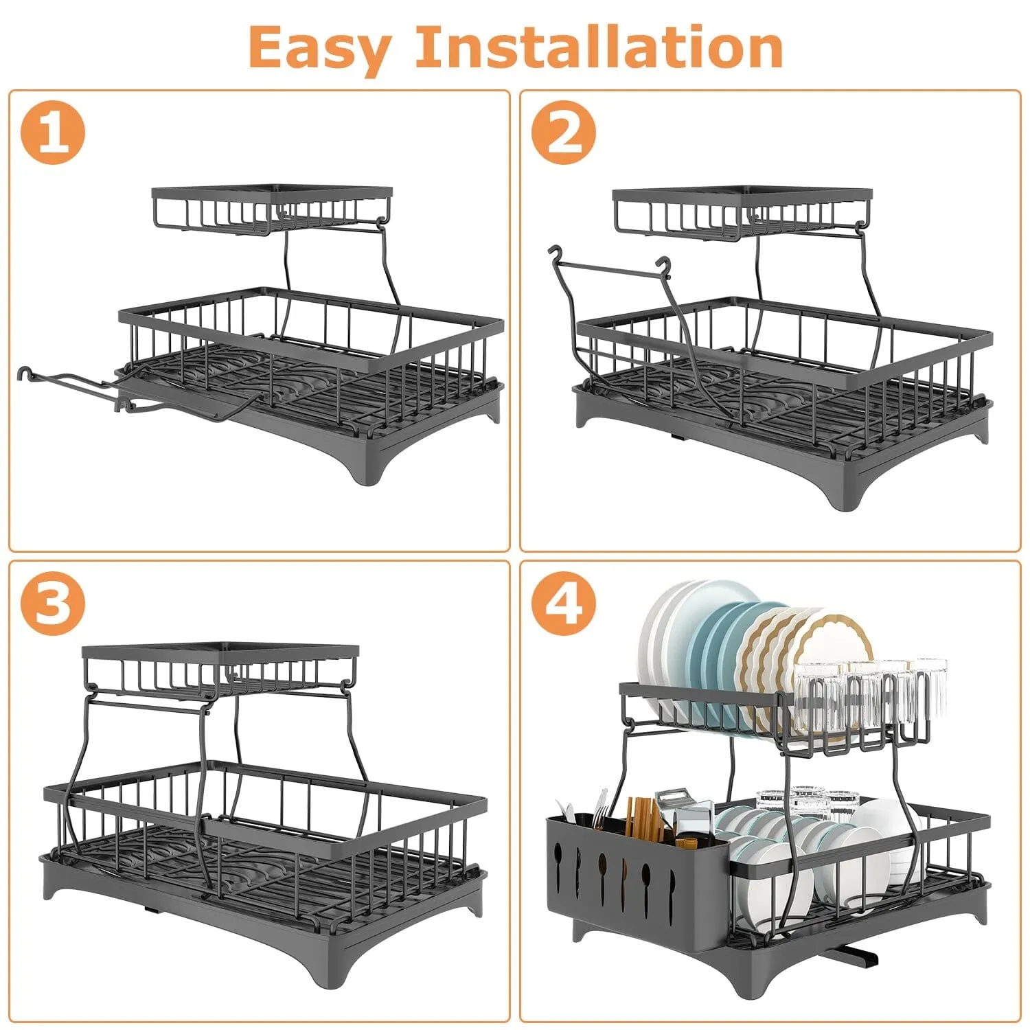 2-Tier Dish Rack Drainer Organizer Set with Utensil Cup Holder Rack Swivel Spout
