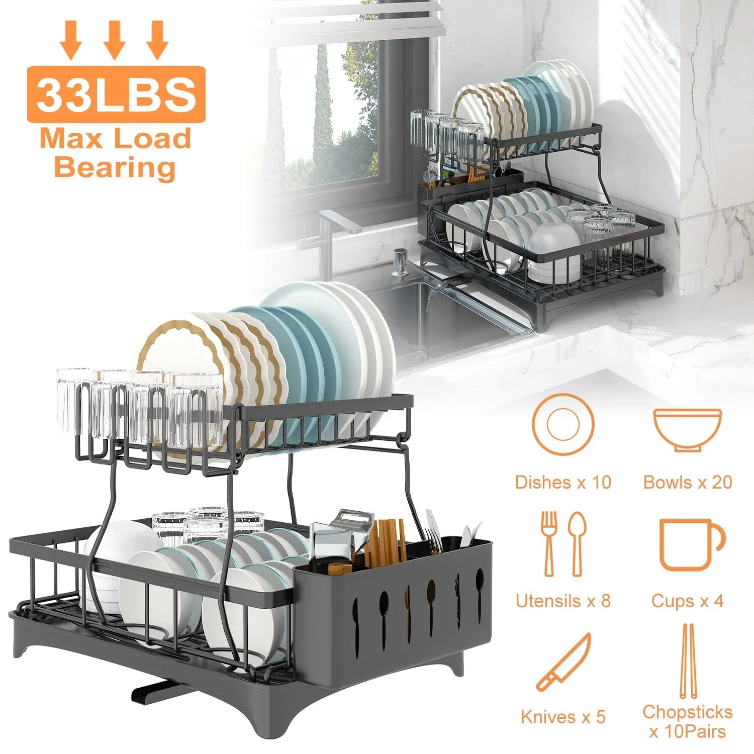 2-Tier Dish Rack Drainer Organizer Set with Utensil Cup Holder Rack Swivel Spout