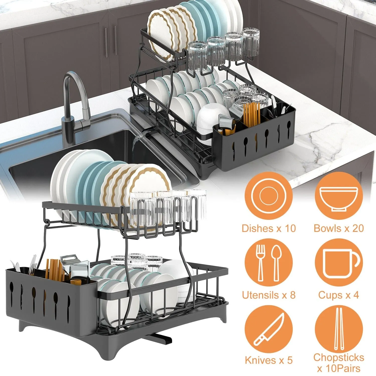2-Tier Dish Rack Drainer Organizer Set with Utensil Cup Holder Rack Swivel Spout