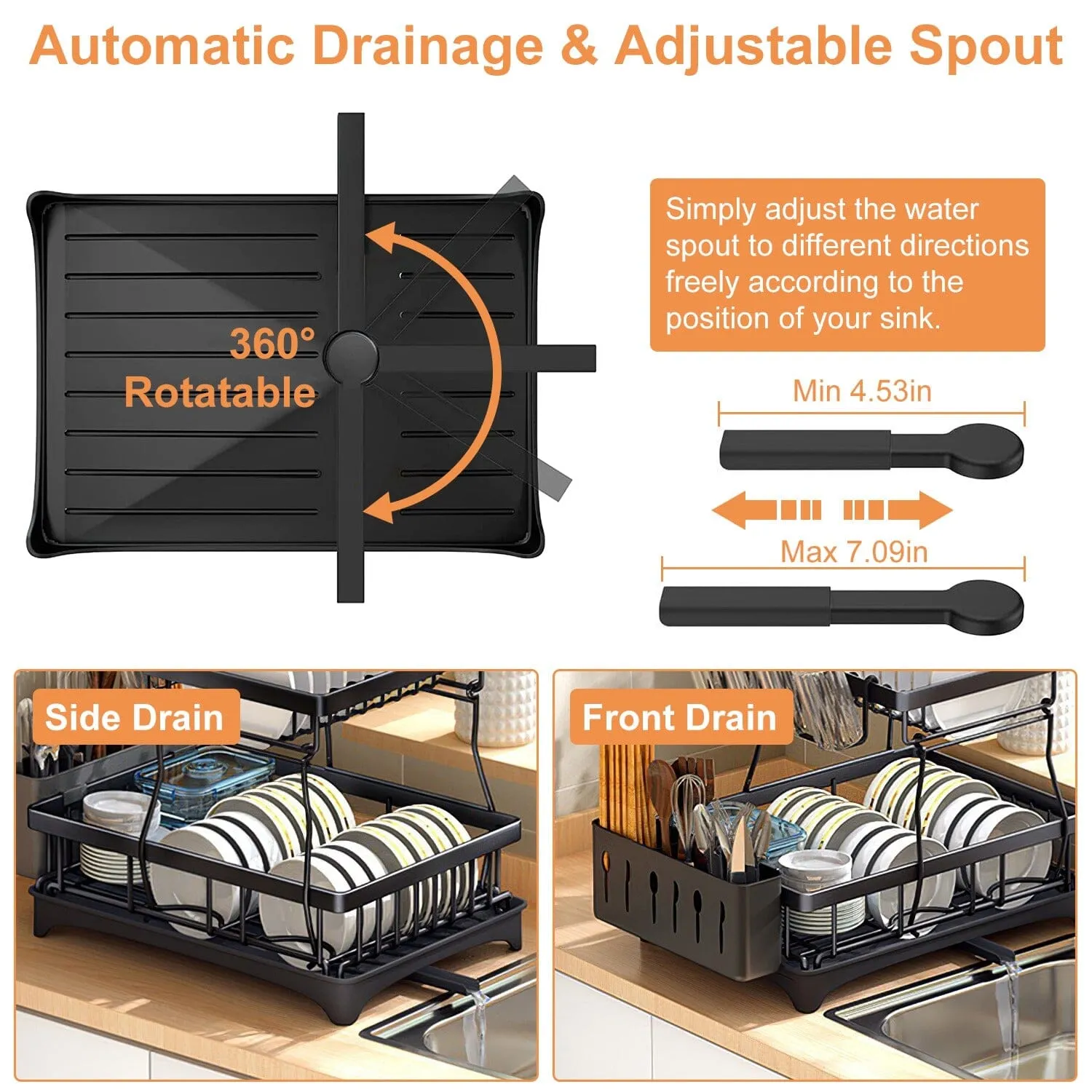 2-Tier Dish Rack Drainer Organizer Set with Utensil Cup Holder Rack Swivel Spout