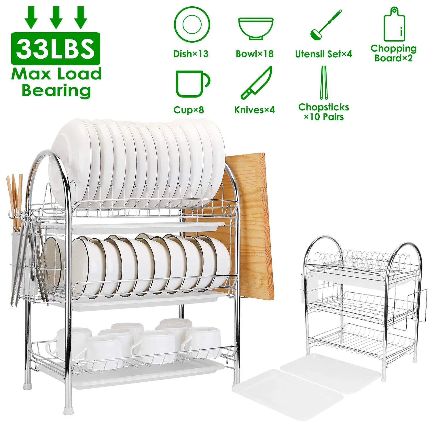 3-Tier Dish Drying Rack Shelf with 3 Drain Trays Chopping Board