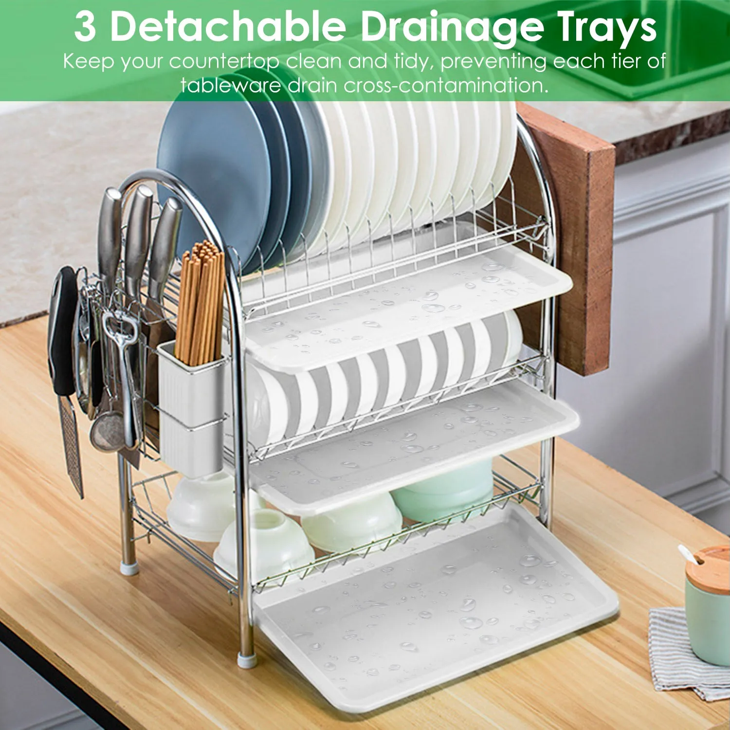 3-Tier Dish Drying Rack Shelf with 3 Drain Trays Chopping Board