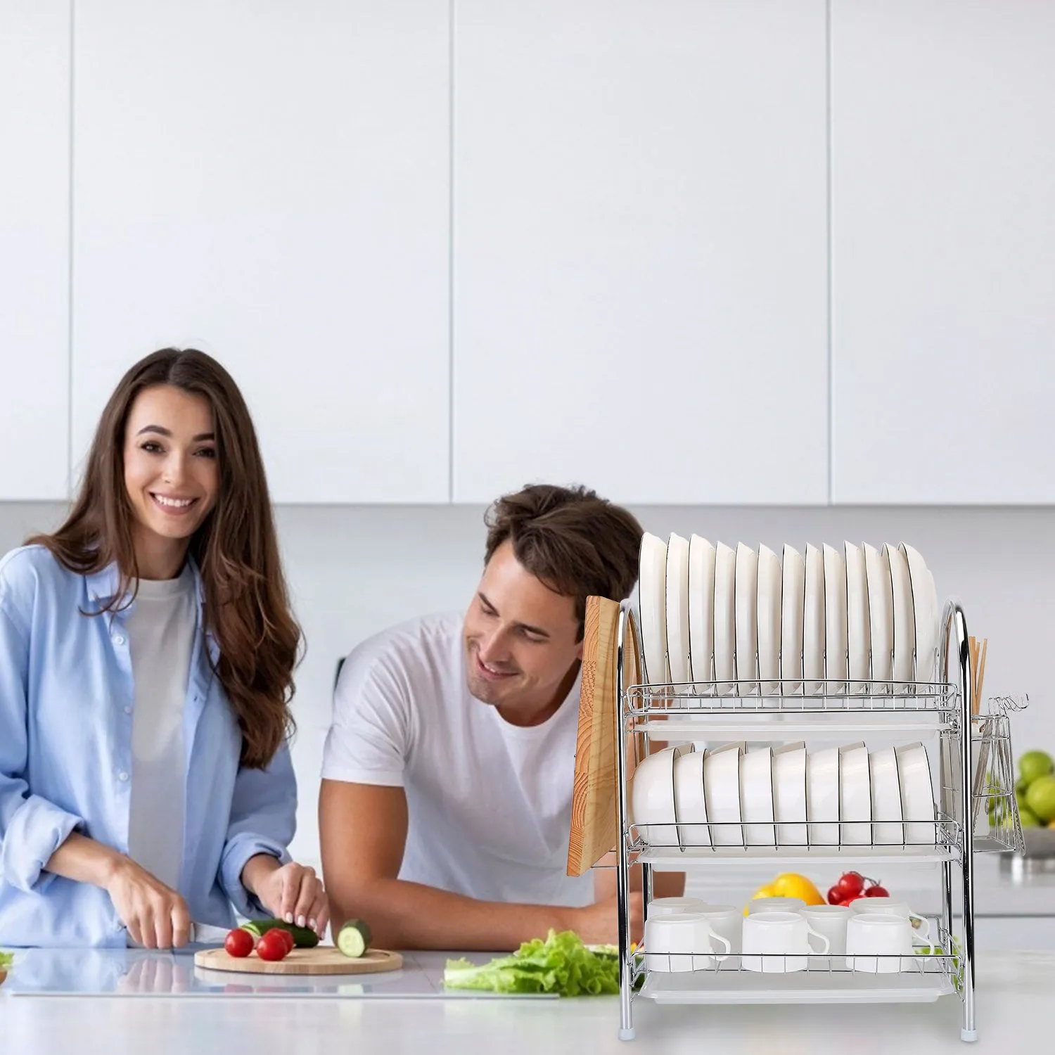 3-Tier Dish Drying Rack Shelf with 3 Drain Trays Chopping Board