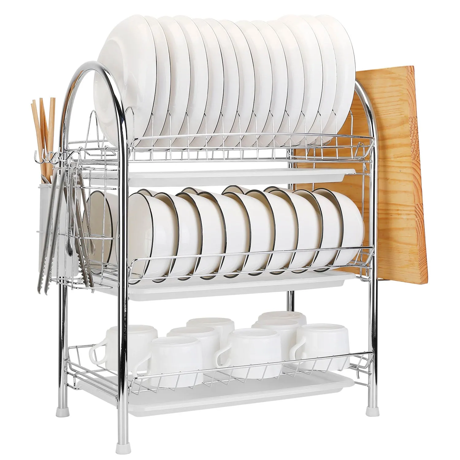 3-Tier Dish Drying Rack Shelf with 3 Drain Trays Chopping Board