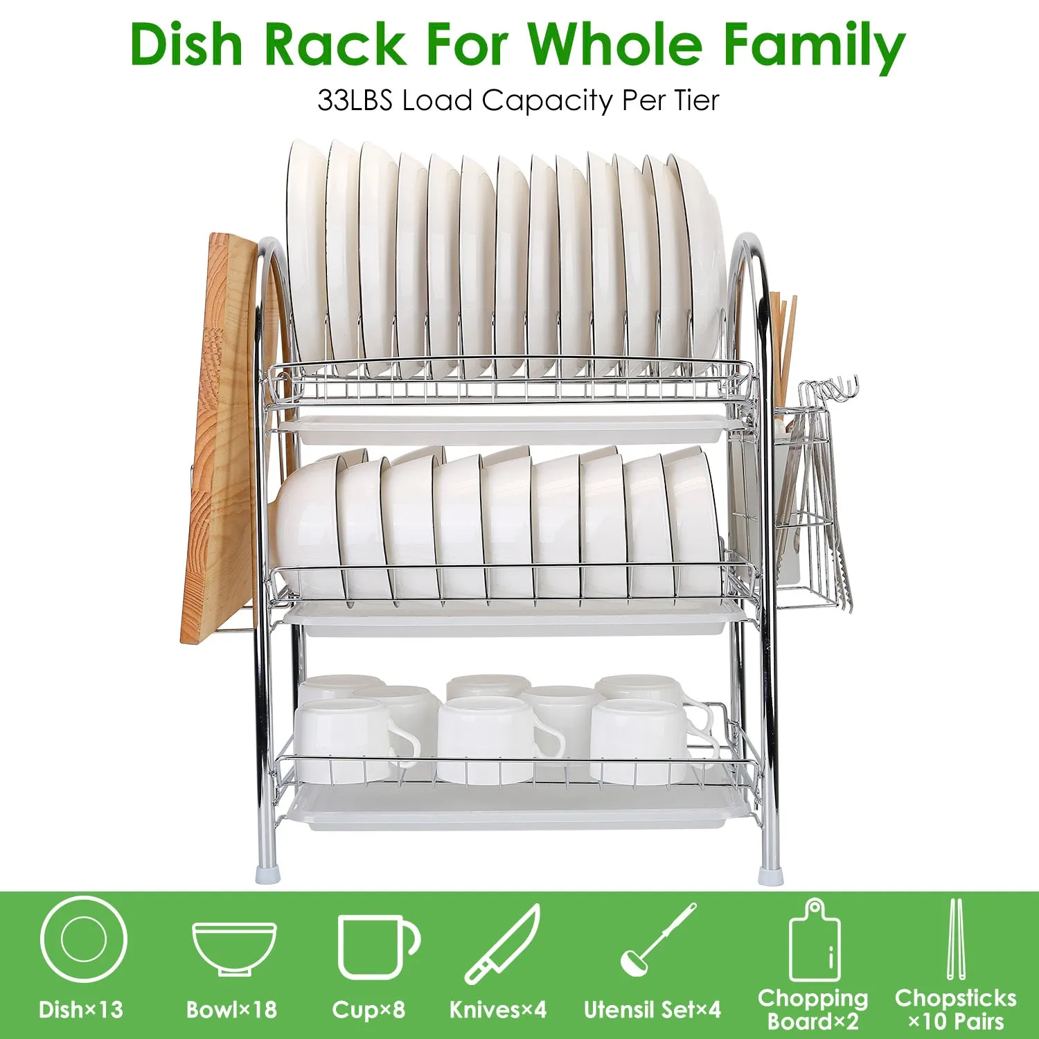 3-Tier Dish Drying Rack Shelf with 3 Drain Trays Chopping Board