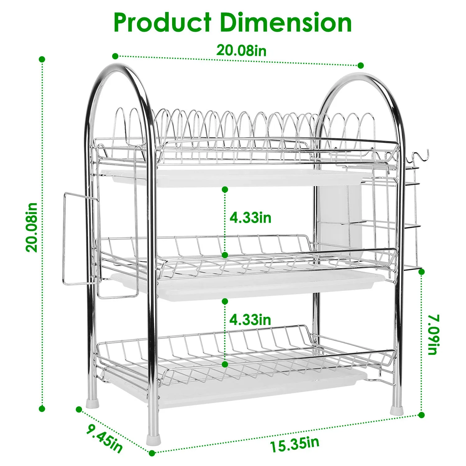 3-Tier Dish Drying Rack Shelf with 3 Drain Trays Chopping Board