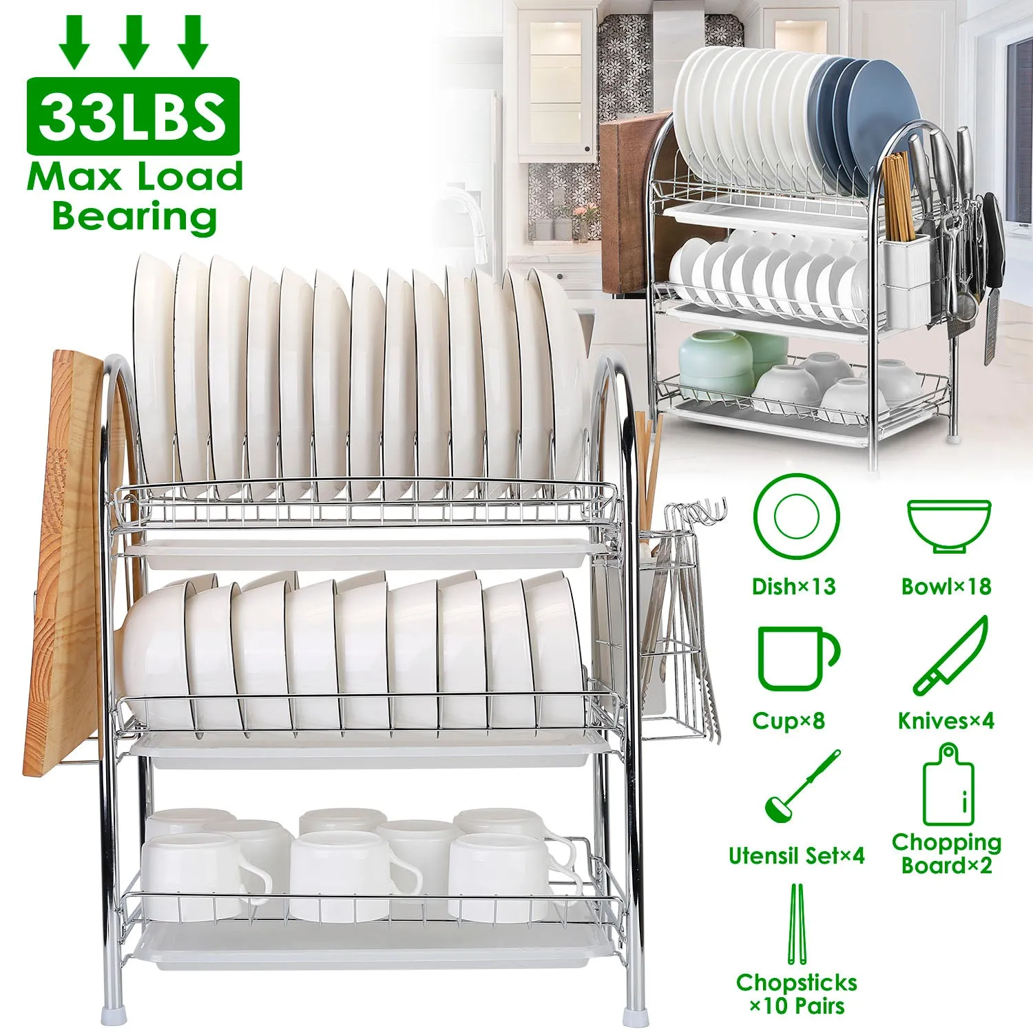 3-Tier Dish Drying Rack Shelf with 3 Drain Trays Chopping Board