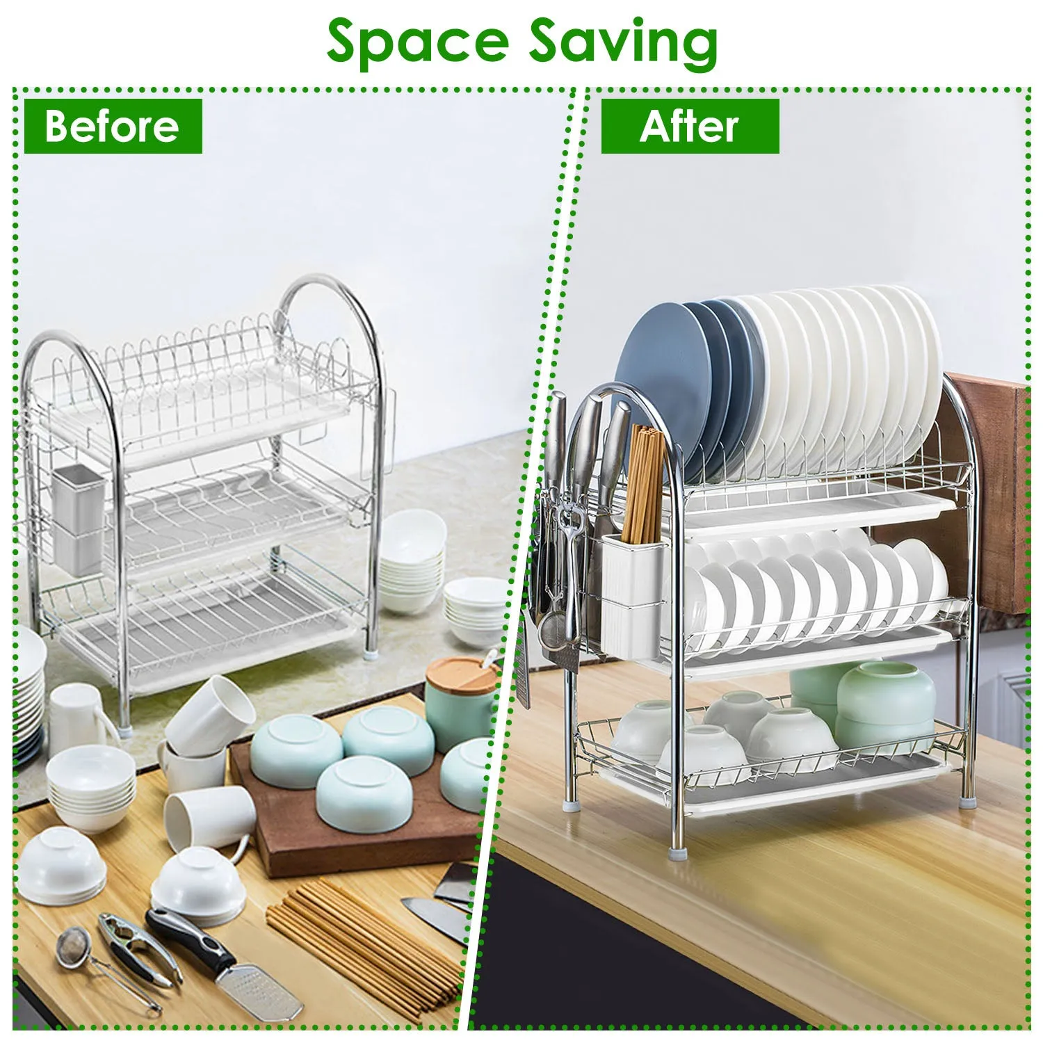 3-Tier Dish Drying Rack Shelf with 3 Drain Trays Chopping Board