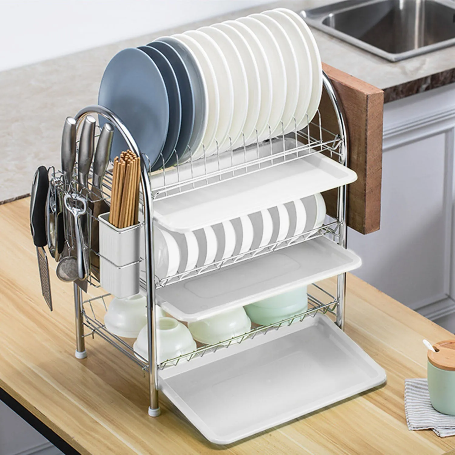 3-Tier Dish Drying Rack Shelf with 3 Drain Trays Chopping Board