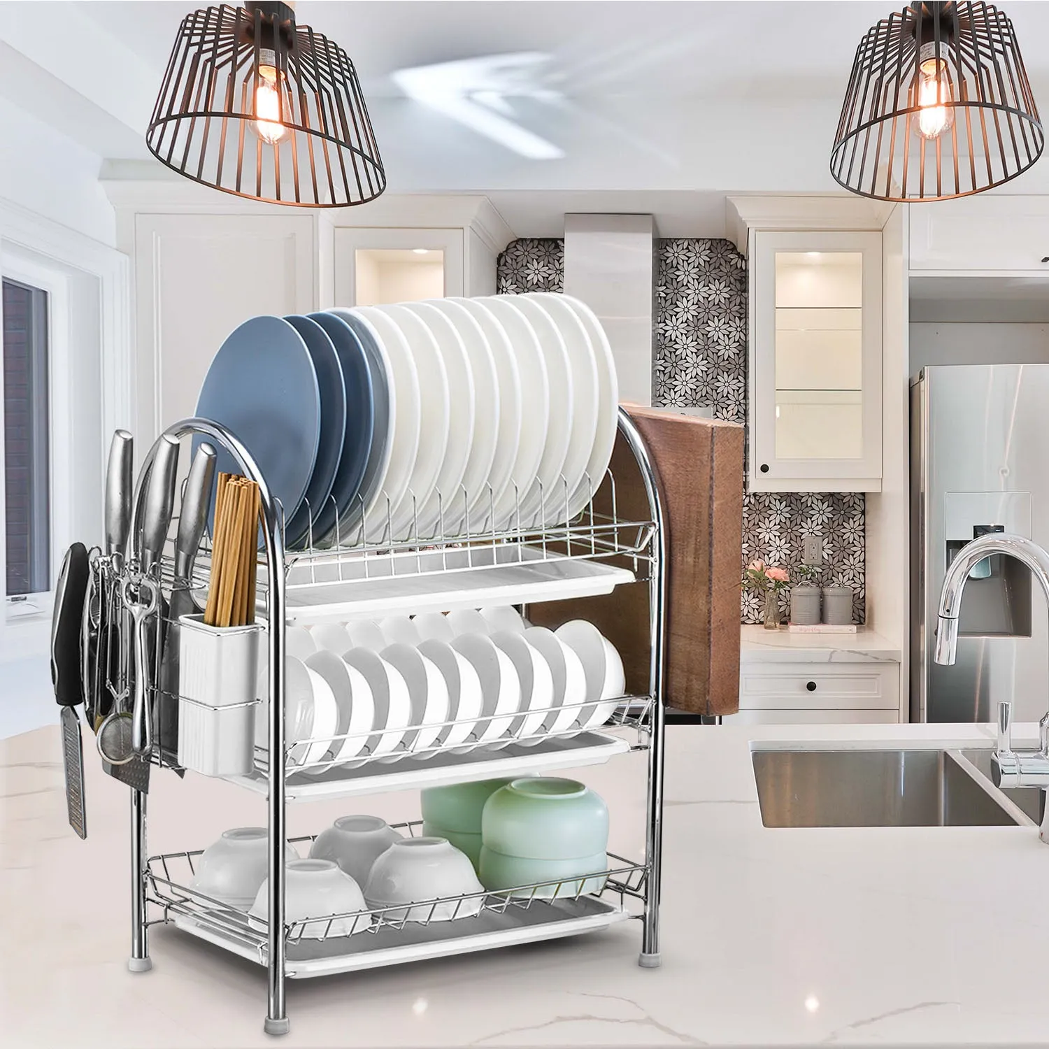 3-Tier Dish Drying Rack Shelf with 3 Drain Trays Chopping Board