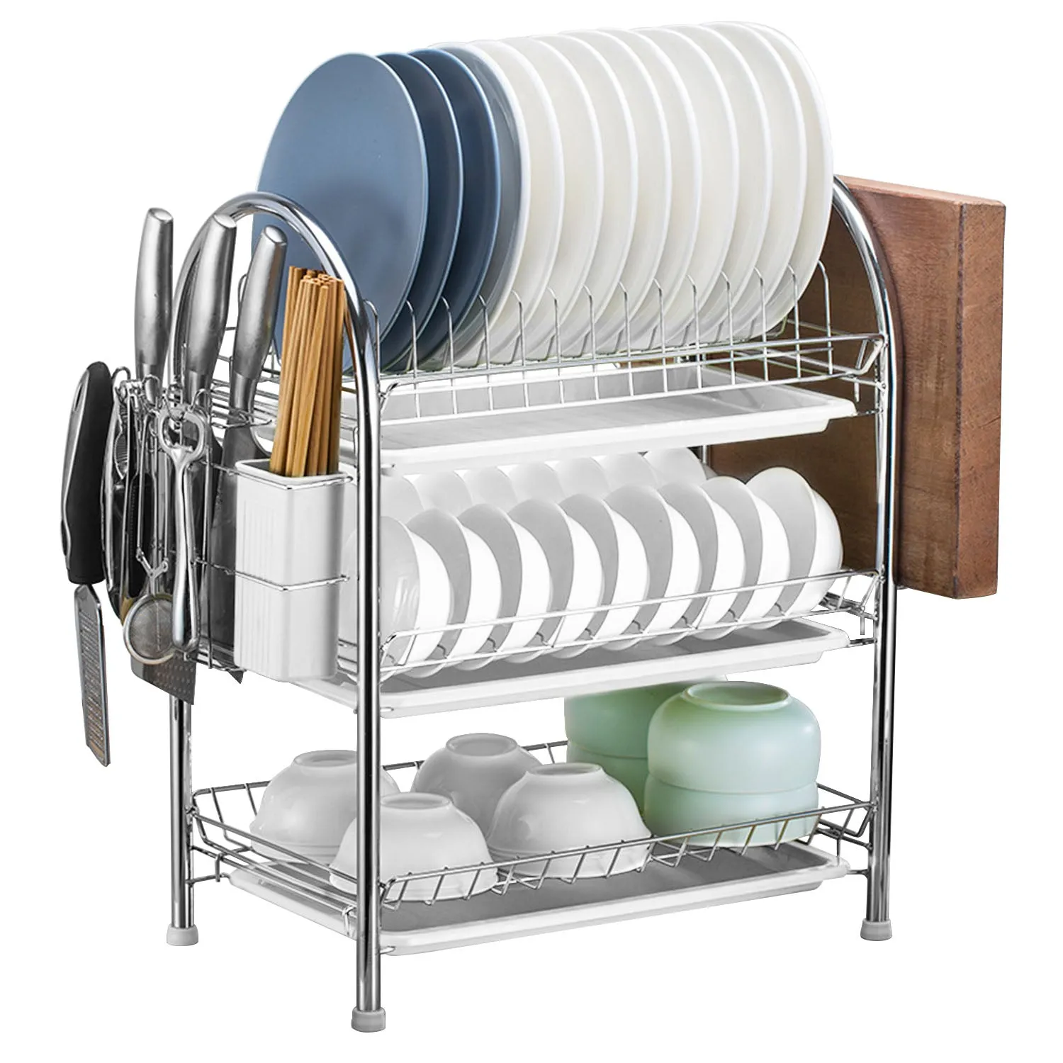 3-Tier Dish Drying Rack Shelf with 3 Drain Trays Chopping Board