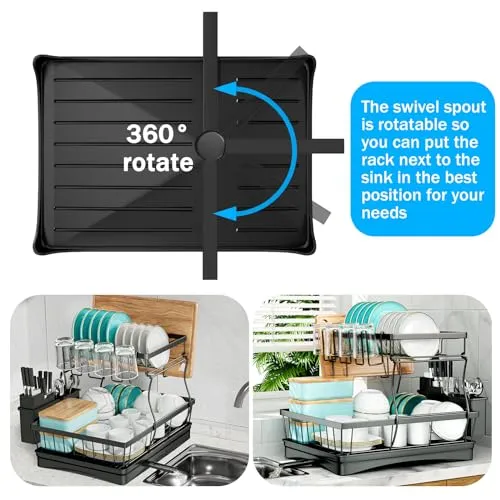 7 code Large Dish Drying Rack for Kitchen Counter, Detachable Large Capacity Dish Drainer Organizer with Utensil Holder, 2-Tier Dish Drying Rack with Drain Board, Black