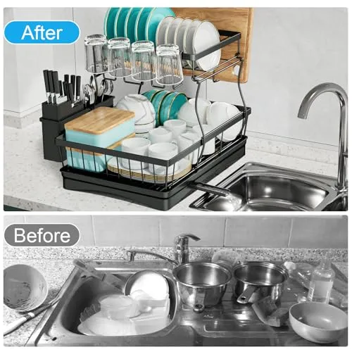 7 code Large Dish Drying Rack for Kitchen Counter, Detachable Large Capacity Dish Drainer Organizer with Utensil Holder, 2-Tier Dish Drying Rack with Drain Board, Black