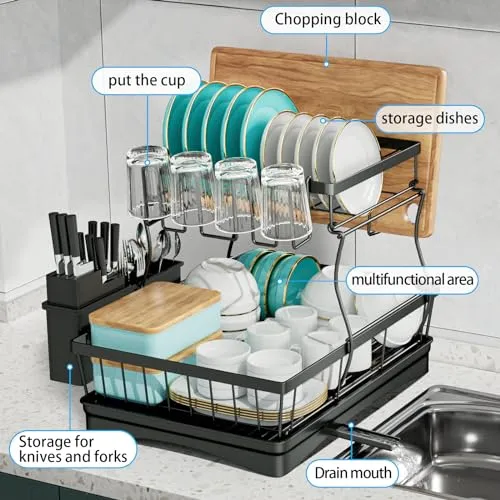7 code Large Dish Drying Rack for Kitchen Counter, Detachable Large Capacity Dish Drainer Organizer with Utensil Holder, 2-Tier Dish Drying Rack with Drain Board, Black