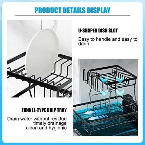 7 code Large Dish Drying Rack for Kitchen Counter, Detachable Large Capacity Dish Drainer Organizer with Utensil Holder, 2-Tier Dish Drying Rack with Drain Board, Black