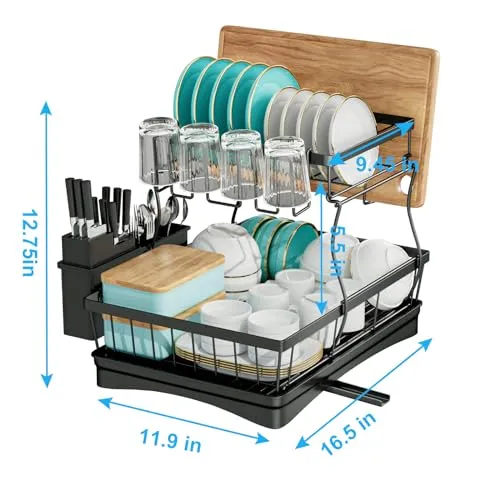 7 code Large Dish Drying Rack for Kitchen Counter, Detachable Large Capacity Dish Drainer Organizer with Utensil Holder, 2-Tier Dish Drying Rack with Drain Board, Black