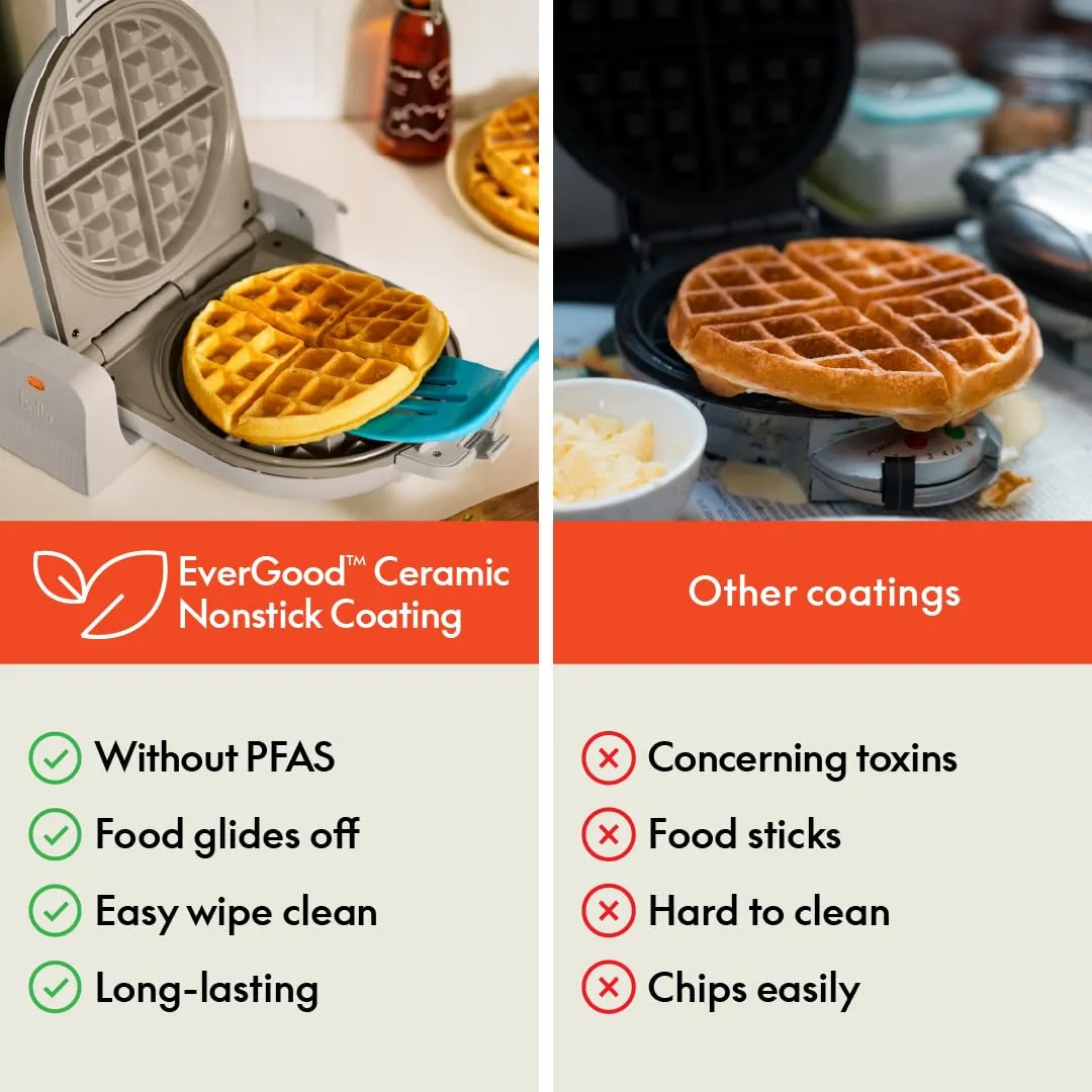 bella Flip-n-Store Belgian Waffle Maker, EverGood™ Ceramic Nonstick Coating, Fits-anywhere™ Kitchenware, Power Indicator Light & Touch Handle, 7” Wide & 1" Deep Plates, 1000 Watt, Oatmilk