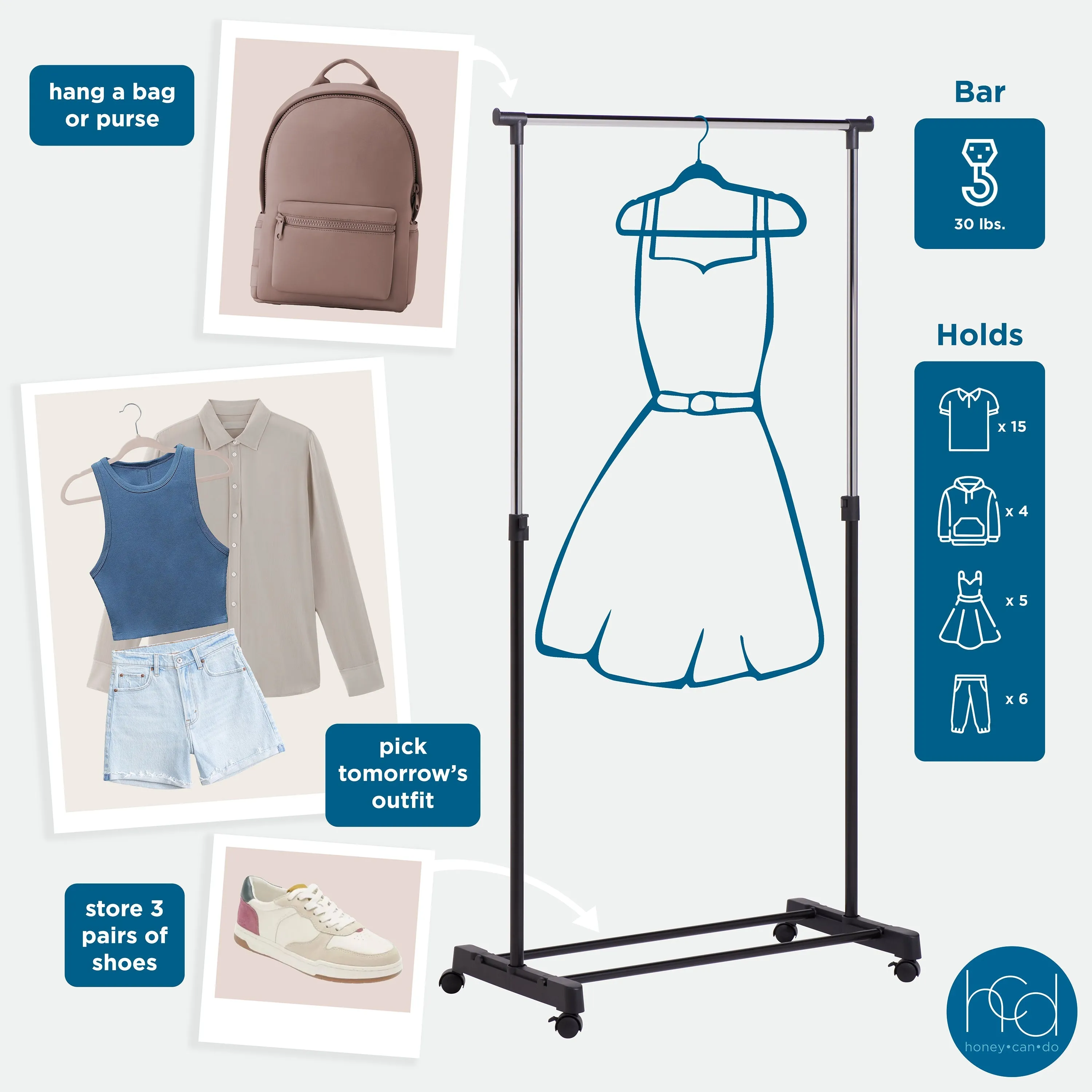 Black/Chrome Adjustable Height Rolling Clothes Rack