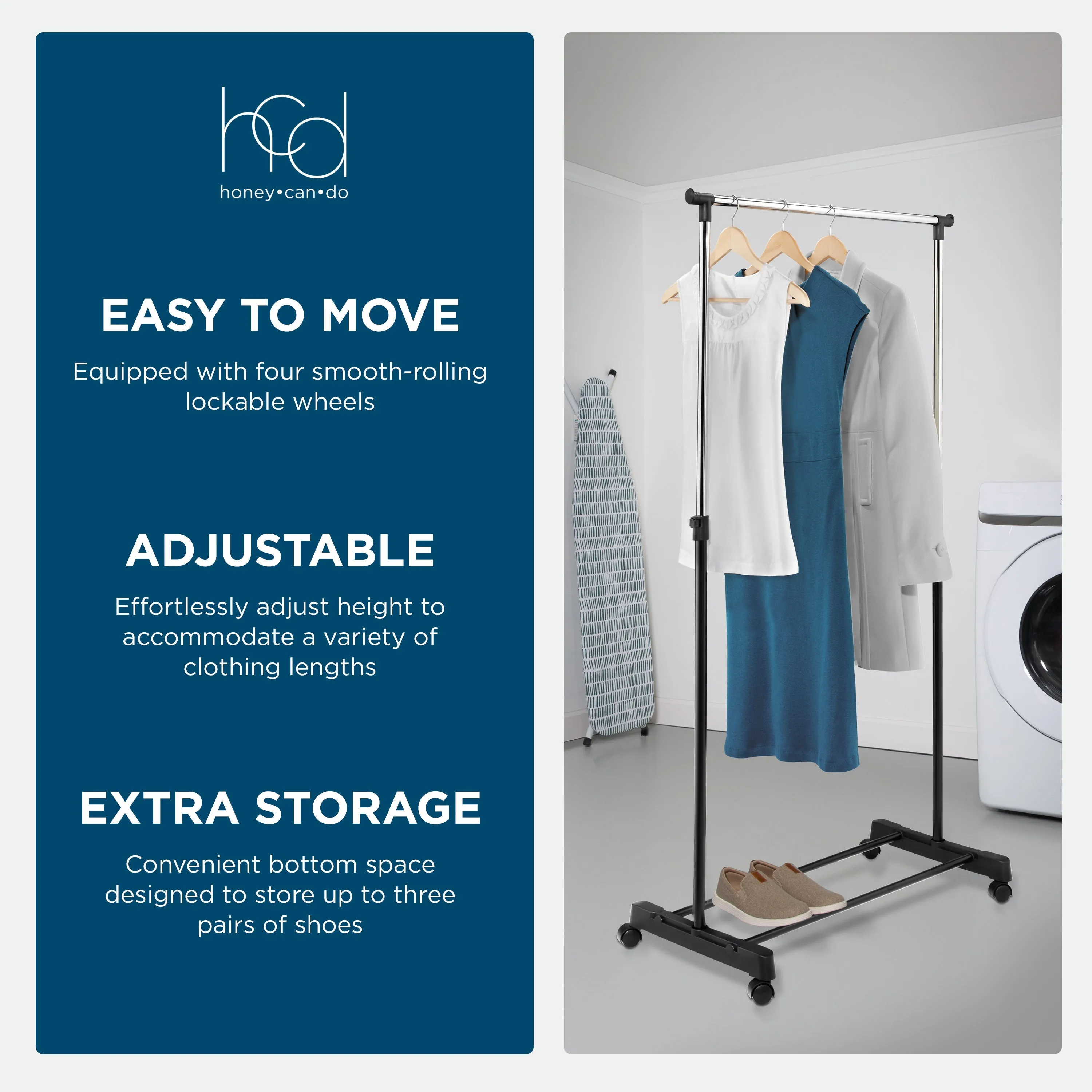 Black/Chrome Adjustable Height Rolling Clothes Rack