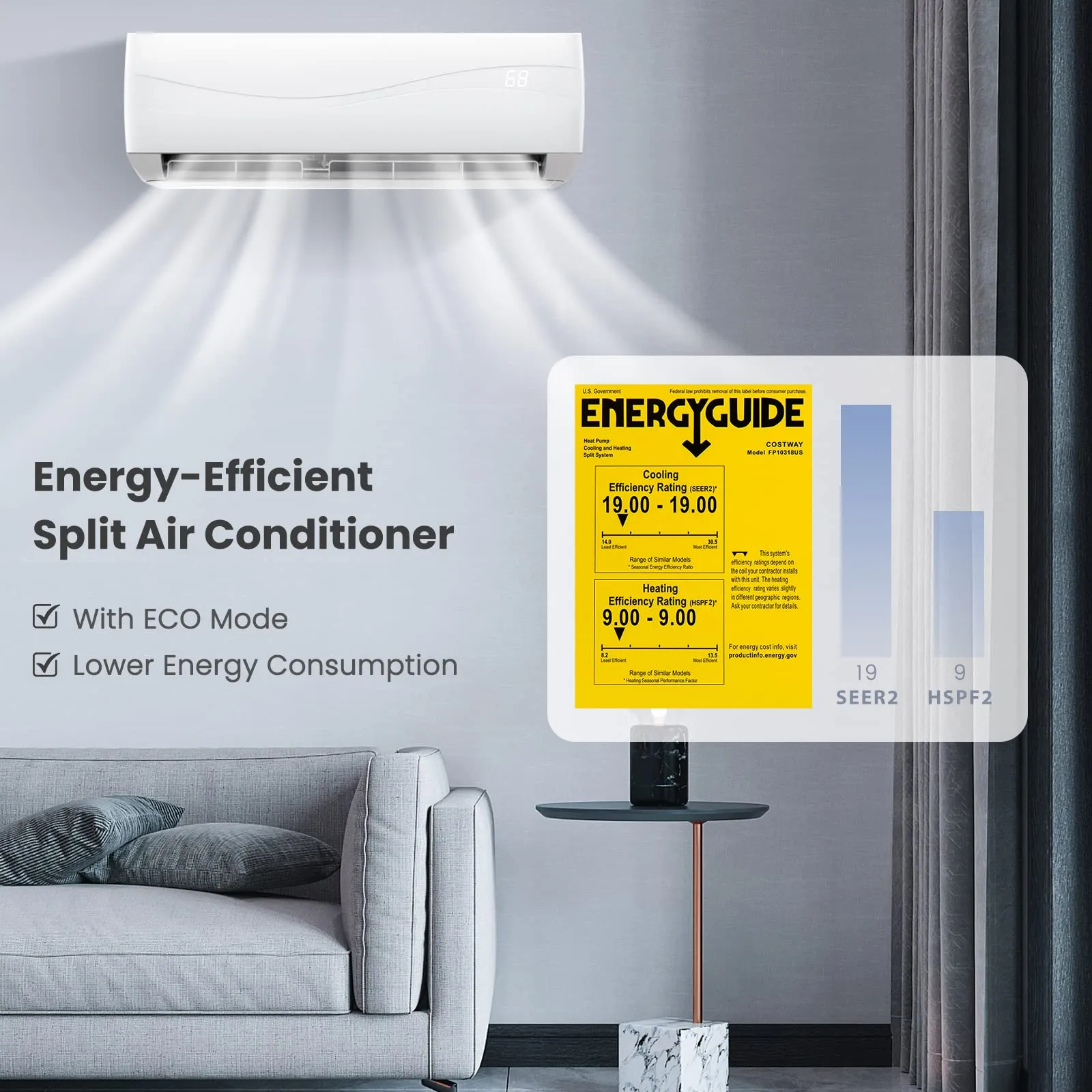 COSTWAY 18000BTU Mini Split Air Conditioner& Heater,19 SEER2 208-230V Wall-Mounted Ductless AC Unit Cools Rooms up to 1250 Sq. Ft, Energy Efficient Inverter AC w/Heat Pump & Installation Kit