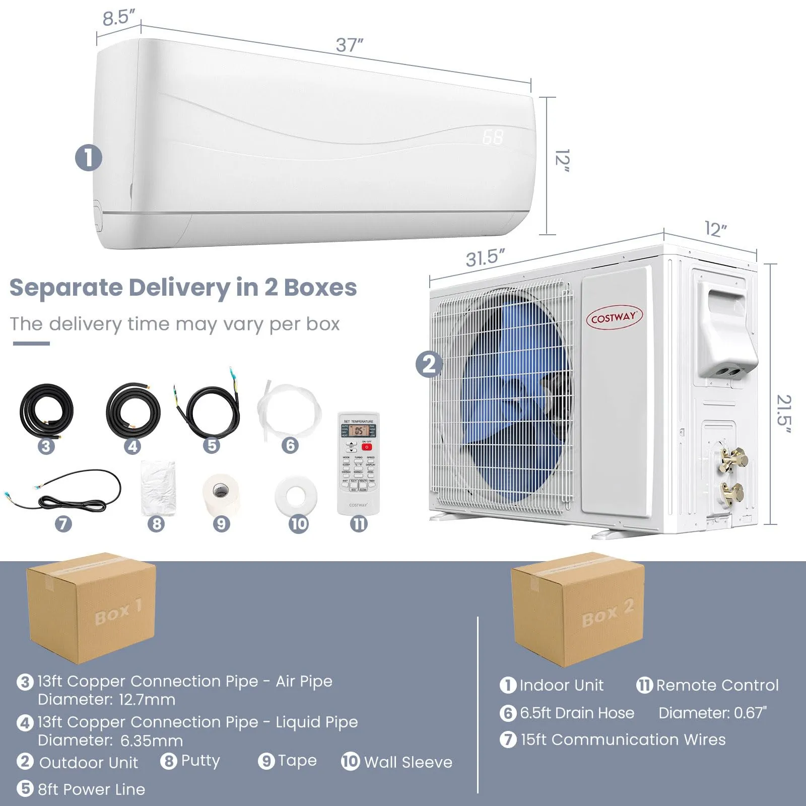 COSTWAY 18000BTU Mini Split Air Conditioner& Heater,19 SEER2 208-230V Wall-Mounted Ductless AC Unit Cools Rooms up to 1250 Sq. Ft, Energy Efficient Inverter AC w/Heat Pump & Installation Kit