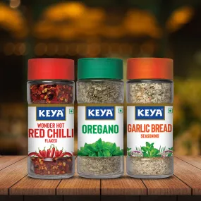 Keya Herb and Seasonings Combo Oregano 15g, Garlic Bread Seasoning 50g, Red Chilli Flakes 40g | Pack of 3