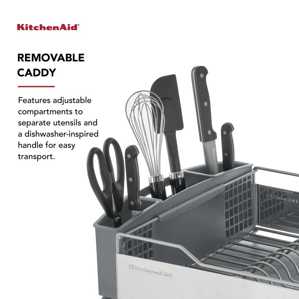 KitchenAid Large Capacity Full Size Rust Resistant Dish Rack with Angled Drain Board and Removable Flatware Caddy, Light Grey