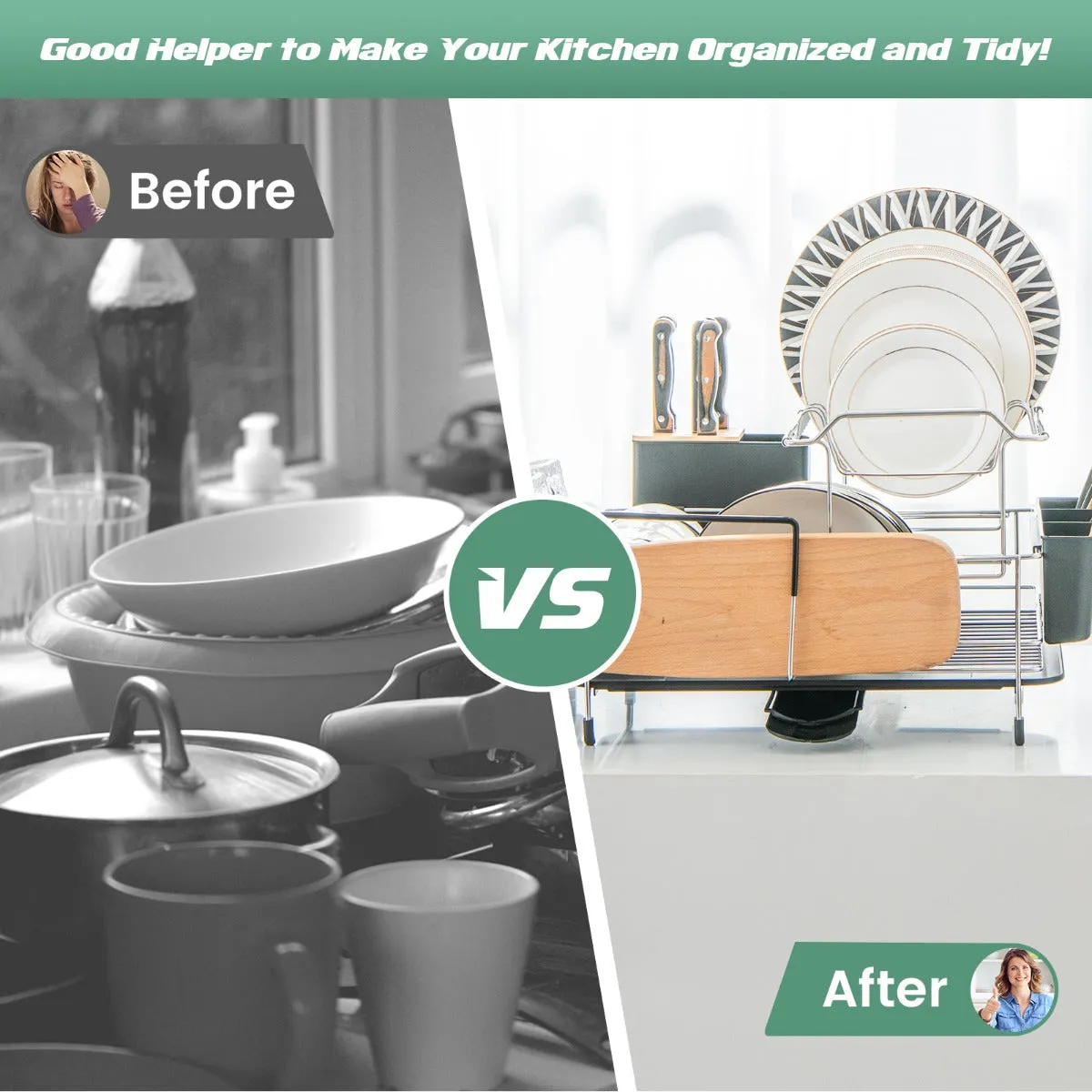 NNECW 2 Tier Rust-proof Dish Racks with 360 Swivel Self-Draining Spout for Kitchen