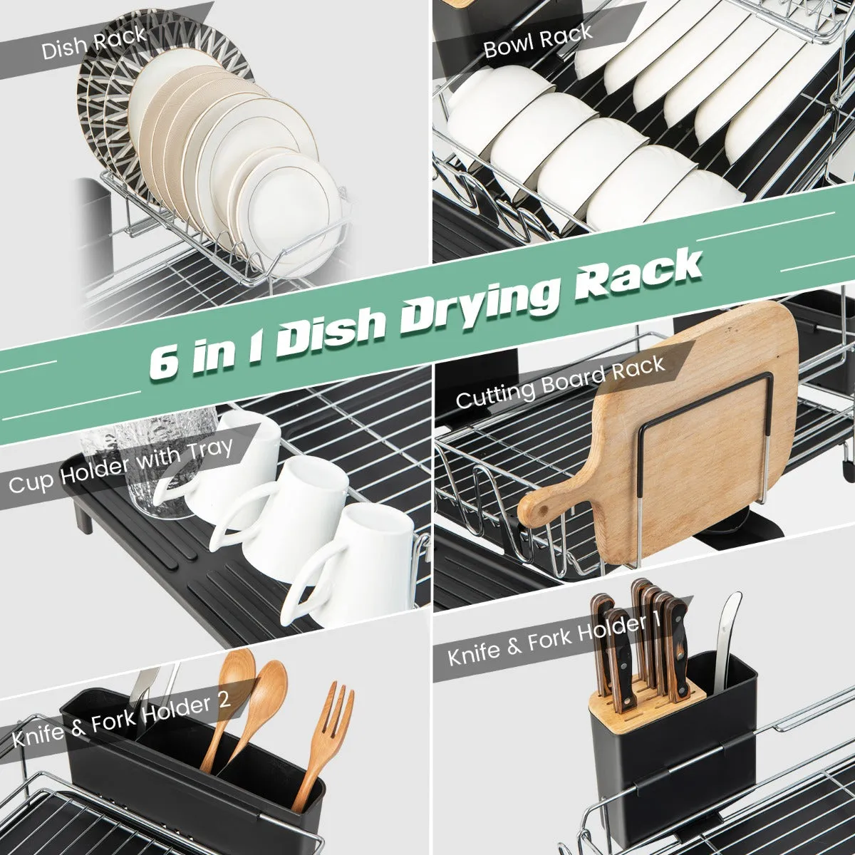NNECW 2 Tier Rust-proof Dish Racks with 360 Swivel Self-Draining Spout for Kitchen
