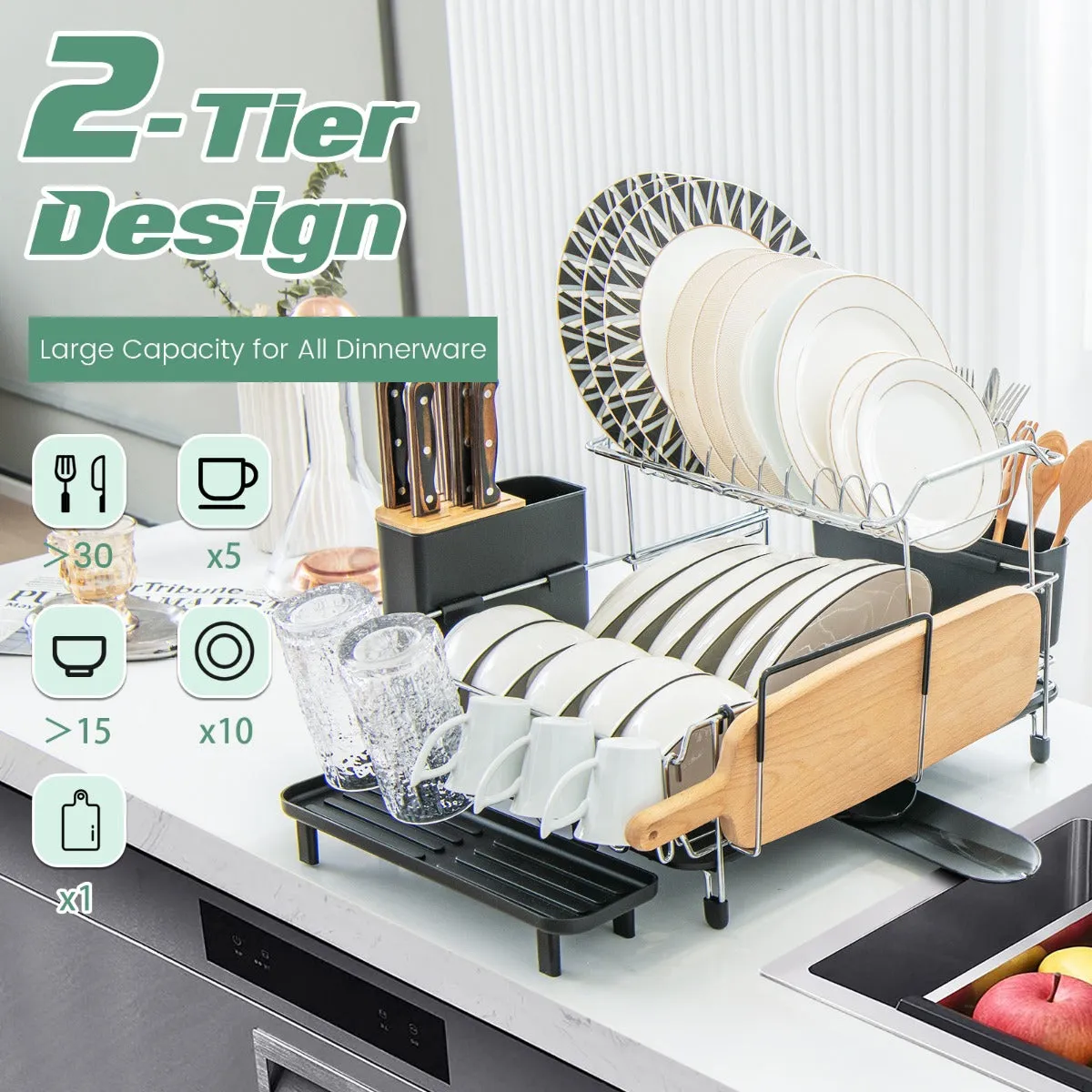 NNECW 2 Tier Rust-proof Dish Racks with 360 Swivel Self-Draining Spout for Kitchen
