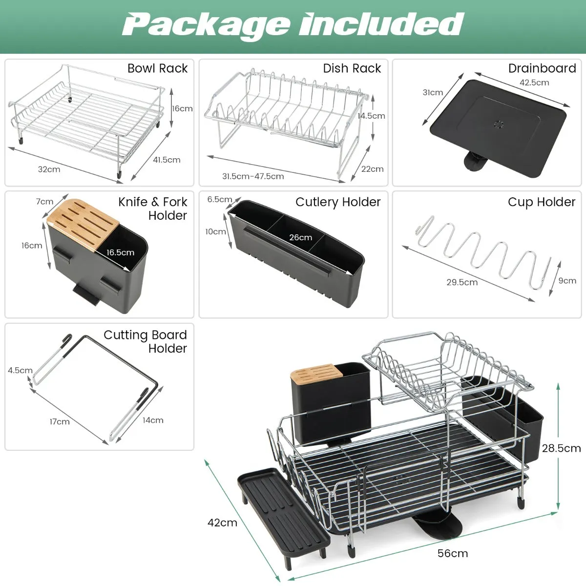 NNECW 2 Tier Rust-proof Dish Racks with 360 Swivel Self-Draining Spout for Kitchen