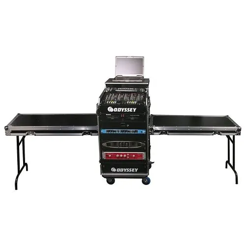 Odyssey FZGS1214WDLXII - Deluxe 12U Top Slanted 14U Bottom Vertical Pro Combo Rack with Casters, Two Side Tables, and Glide Platform