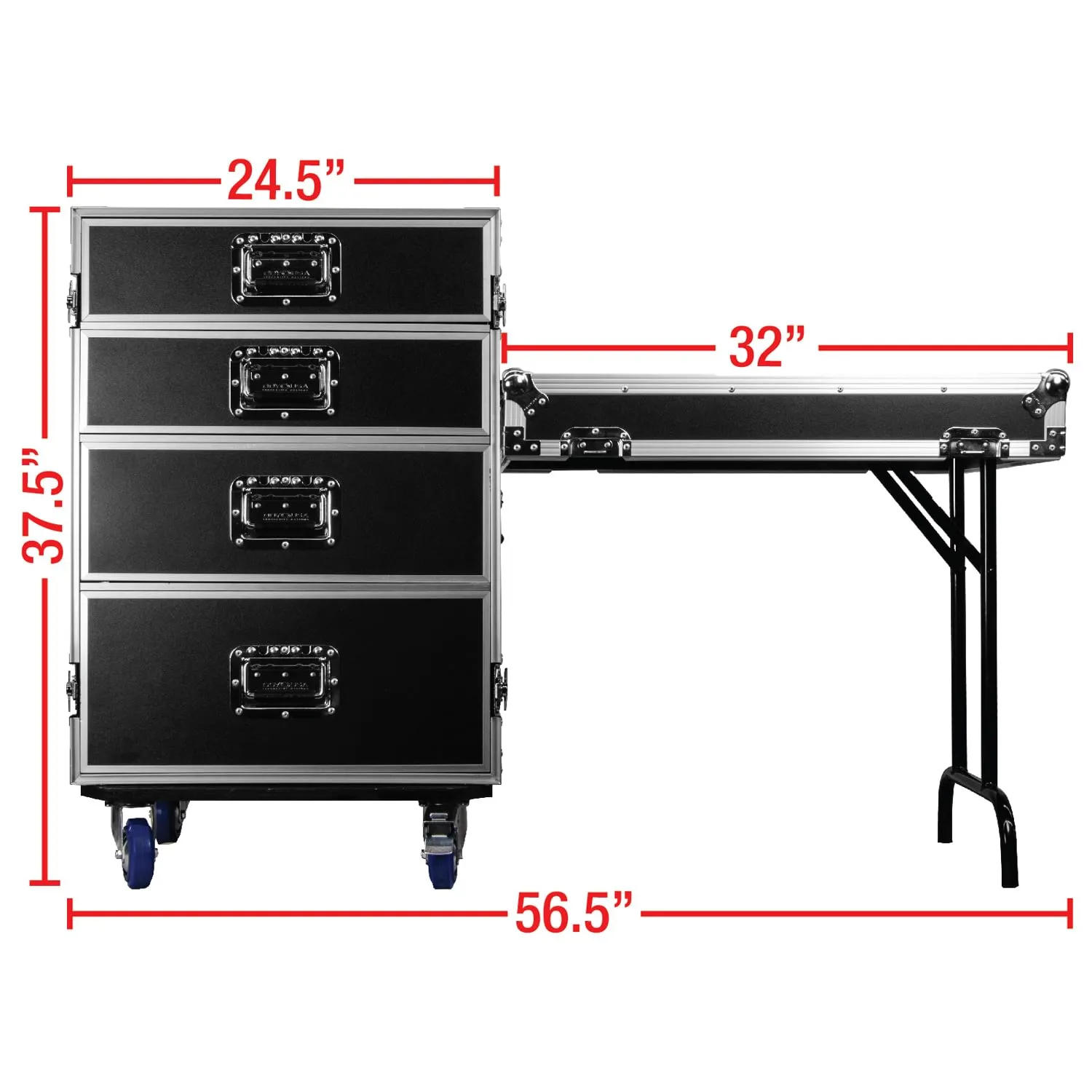 Odyssey FZWB4WDLX - Deluxe Four Drawer Workbox Tour Flight Case with Casters and Side Table