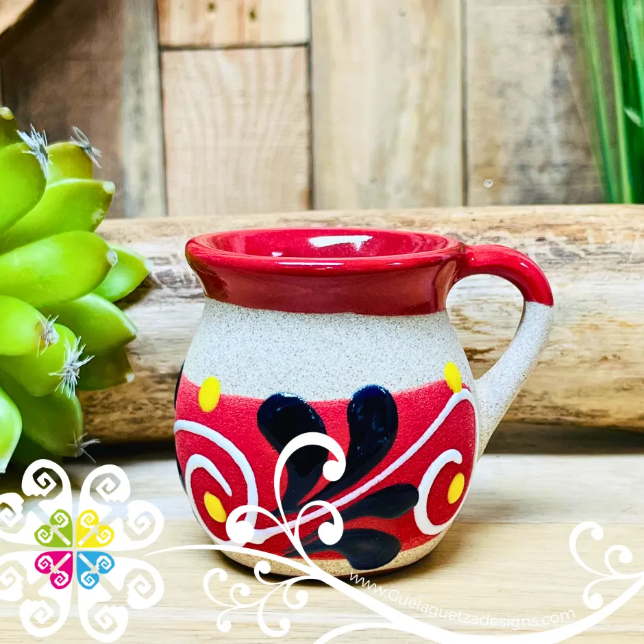 Set of 4 Small Mexican Feather Clay Mugs - Set Taza Barro