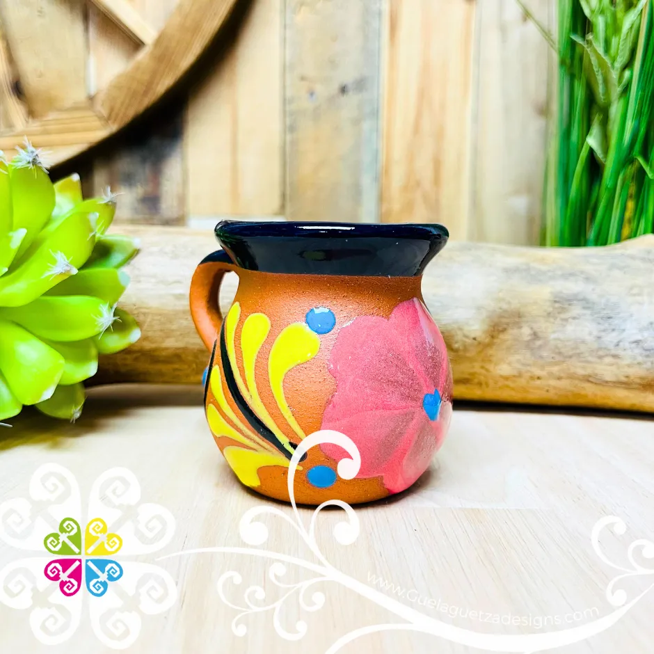 Set of 4 Small Natural Mexican Flower Clay Mugs -  Set Taza Barro