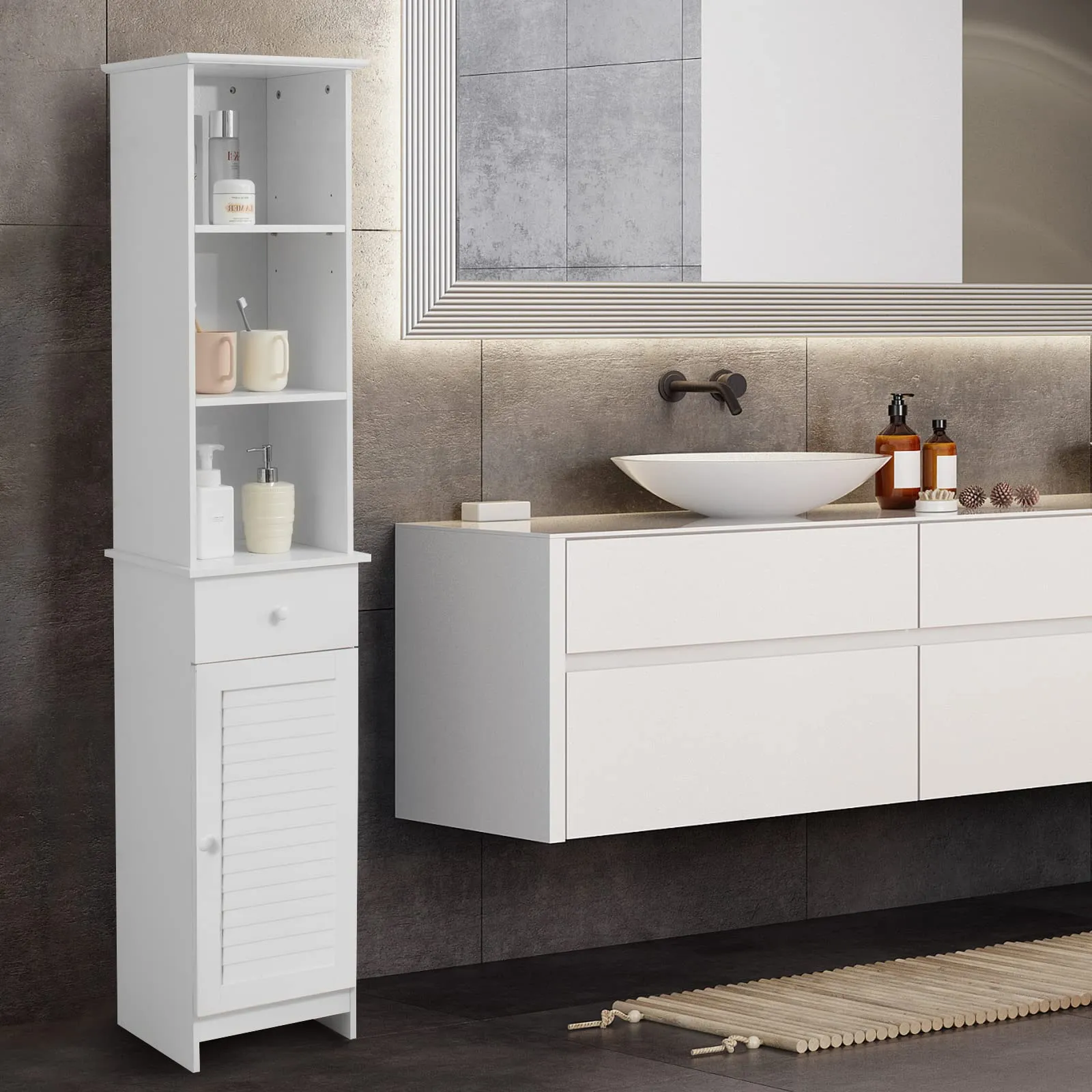 Tangkula Tall Bathroom Cabinet, Slim Storage Cabinet with 3 Tier Shelf, 13.5 x 12 x 64.5 Inches