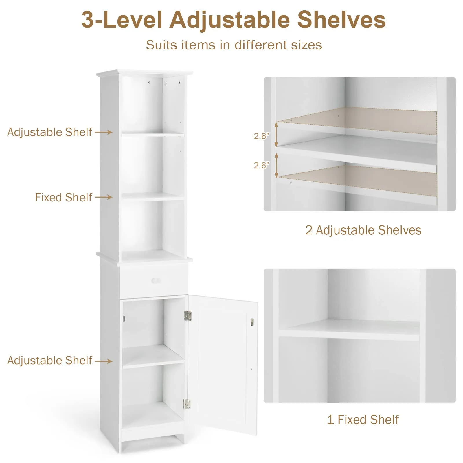 Tangkula Tall Bathroom Cabinet, Slim Storage Cabinet with 3 Tier Shelf, 13.5 x 12 x 64.5 Inches