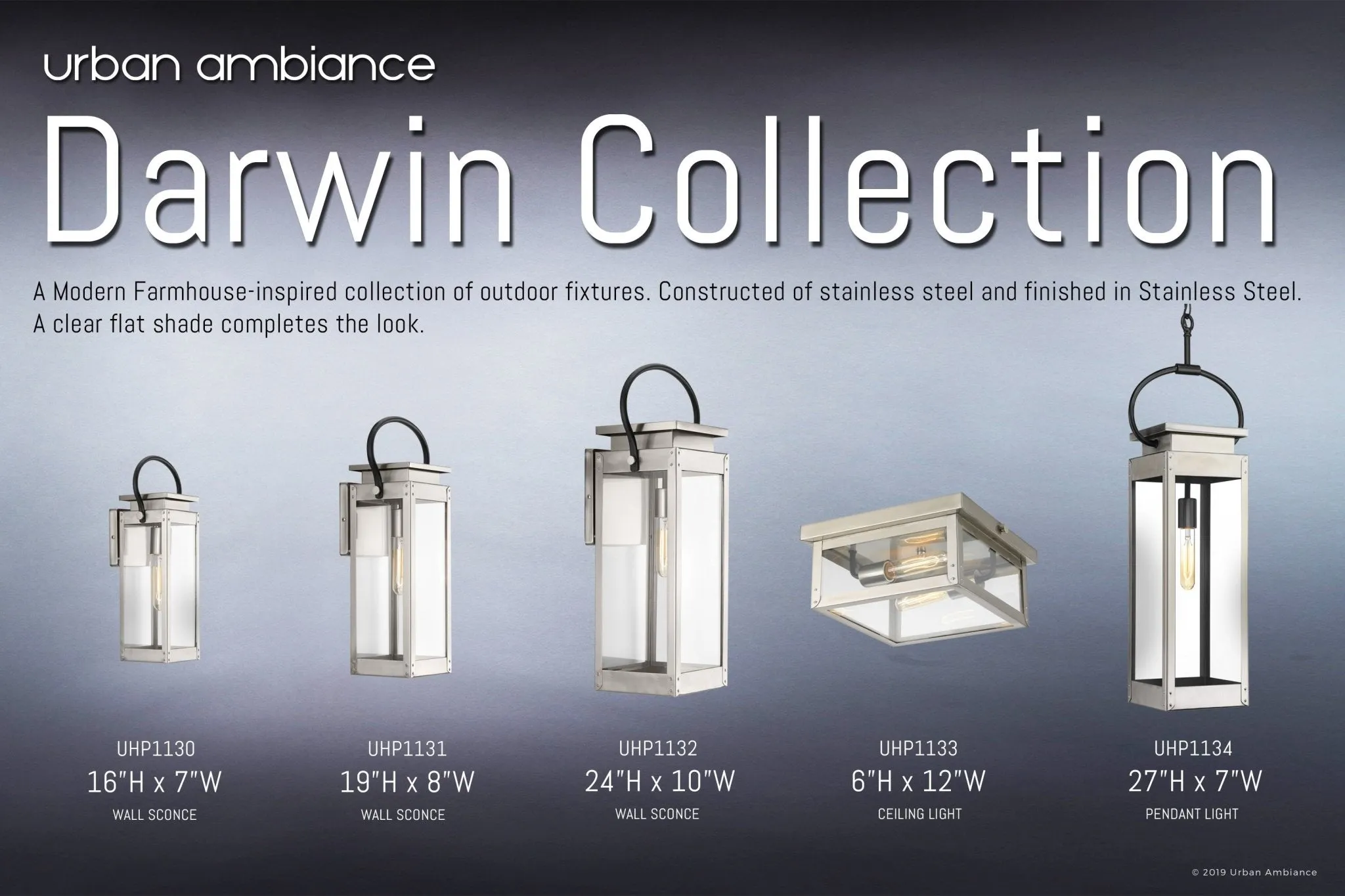 UHP1131 Modern Farmhouse Outdoor Wall Light, 19-3/8"H x 7-7/8"W, Stainless Steel Finish, Darwin Collection