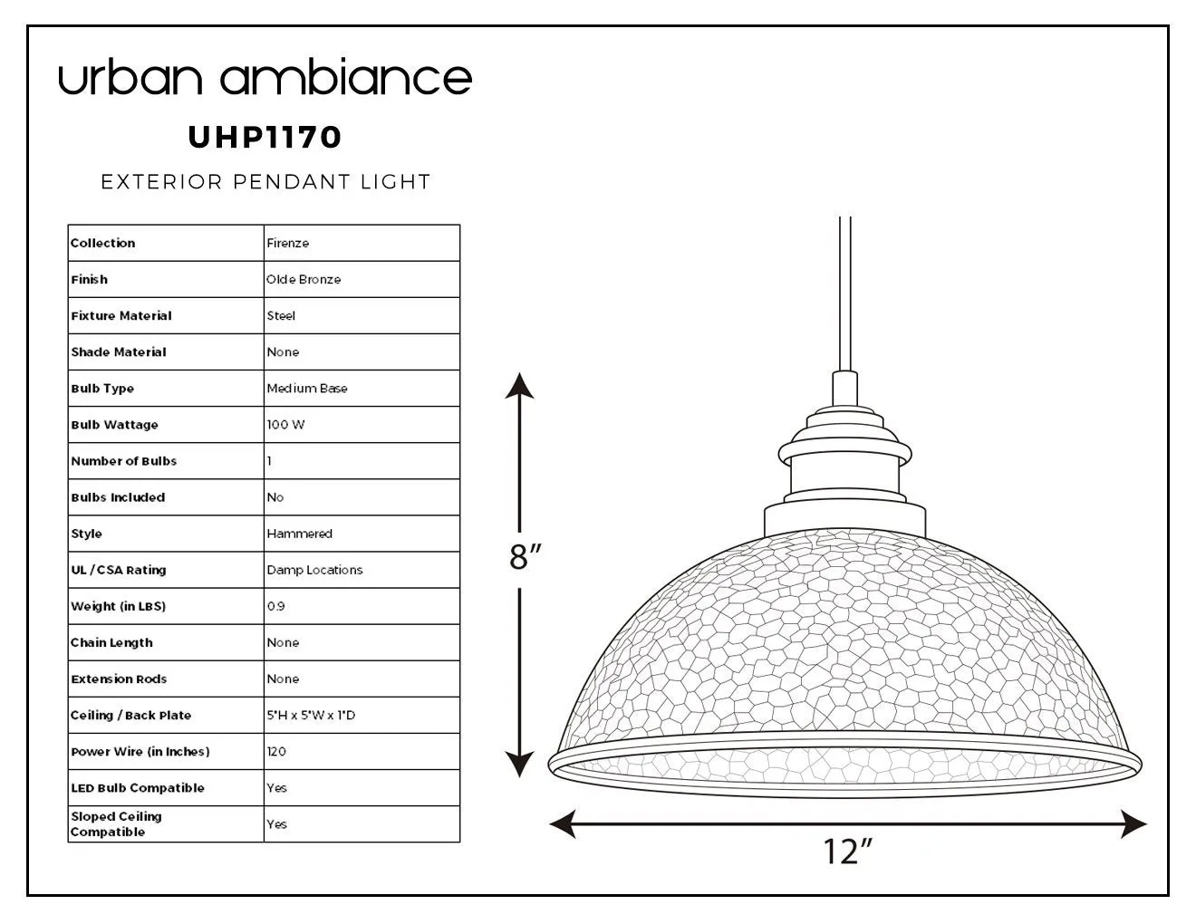 UHP1170 Hammered Outdoor Pendant Light, 8" x 12", Olde Bronze Finish, Firenze Collection