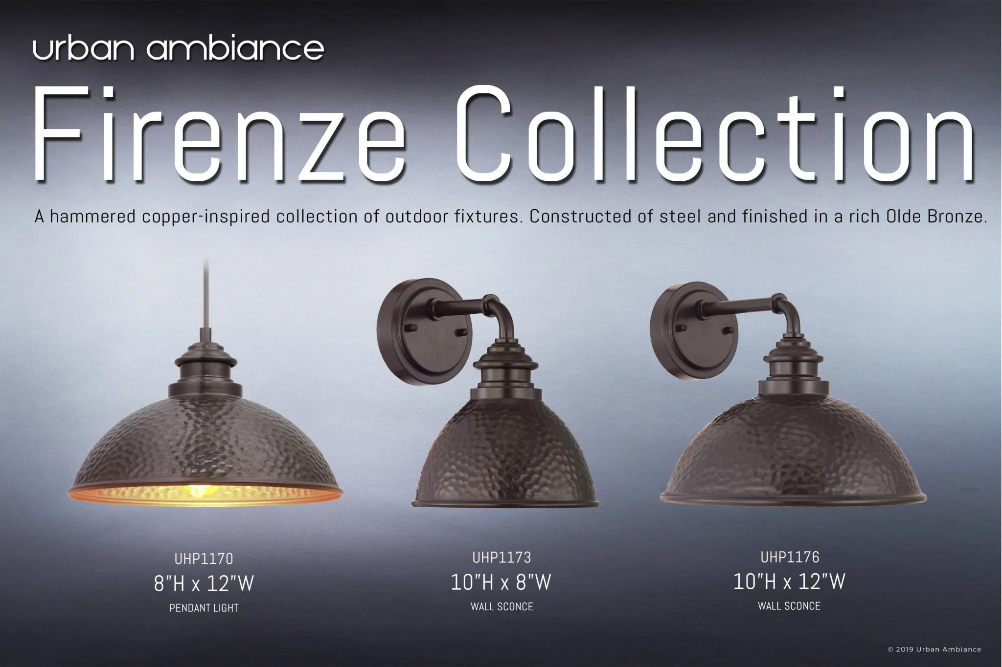 UHP1170 Hammered Outdoor Pendant Light, 8" x 12", Olde Bronze Finish, Firenze Collection