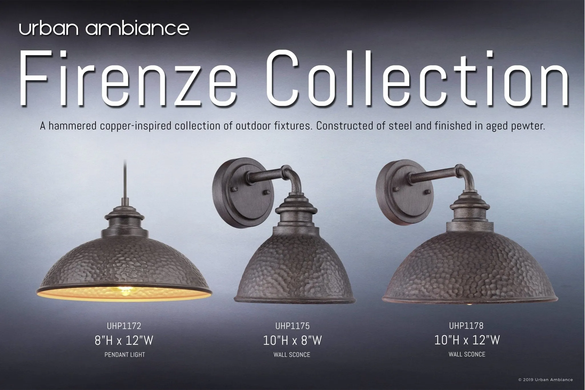 UHP1178 Hammered Outdoor Wall Light, 10-3/8" x 12", Aged Pewter Finish, Firenze Collection