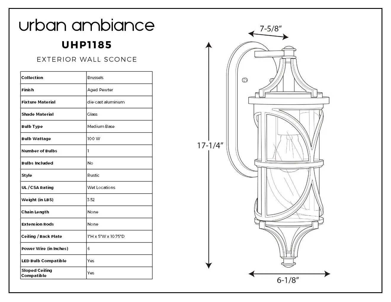 UHP1185 Rustic Outdoor Wall Light, 17-1/4" x 6-1/8", Aged Pewter Finish, Brussels Collection