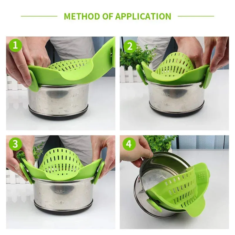 Universal Silicone Pot Pasta Strainer – Clip-On Colander for Easy Draining